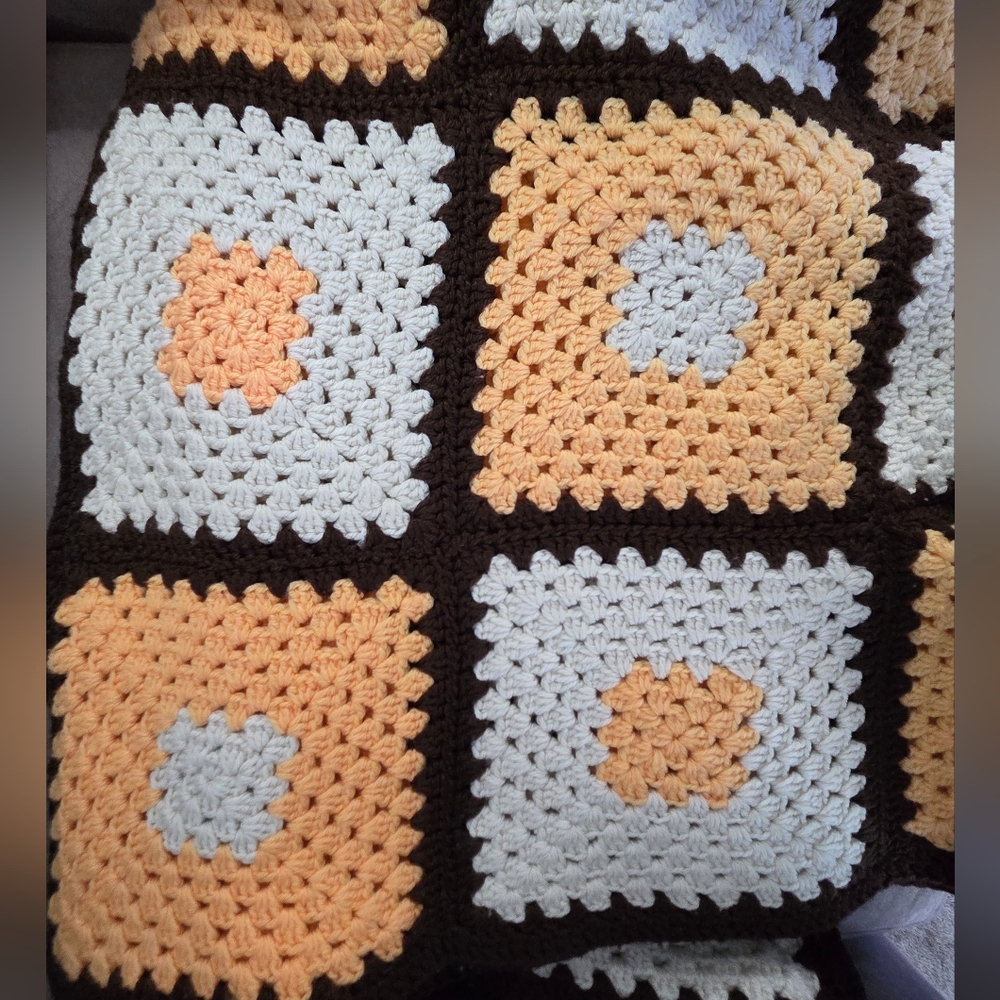 Handmade Crochet Granny Square Blanket 54x40 | Chocolate Peach Cream - Picture 5 of 7